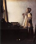 Johannes Vermeer Canvas Paintings - Woman with a Pearl Necklace